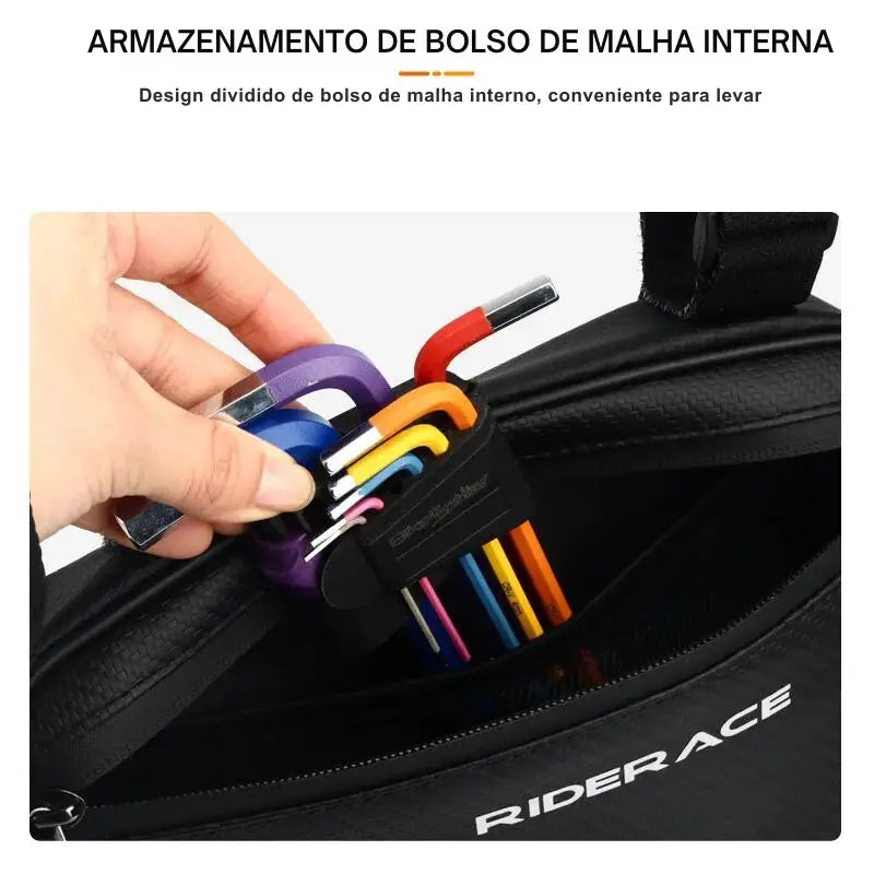 Bolsa de tanque de motocicleta com bolso interno de malha para armazenar ferramentas ou acessórios coloridos.