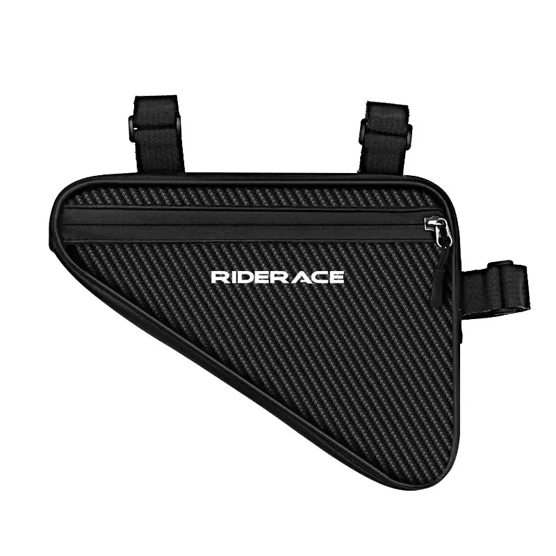 Bolsa triangular preta com quadro de bicicleta e a marca ’RIDERACE’.