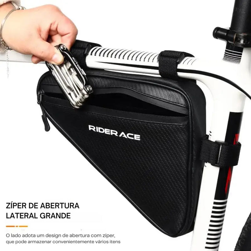 Bolsa triangular com quadro de bicicleta, com a marca ’RIDER ACE’ e um zíper lateral.