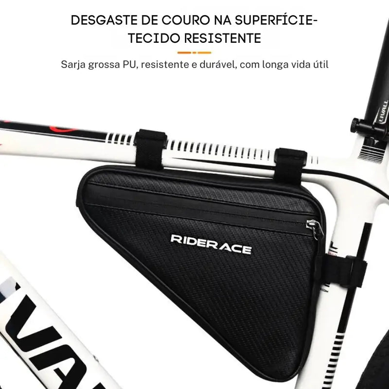 Bolsa triangular preta com quadro de bicicleta com a etiqueta ’RIDER ACE’.