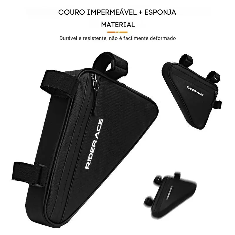 Bolsa triangular preta para quadro de bicicleta com zíper e alças.