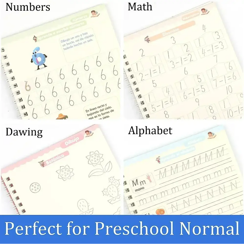 Conjunto de quatro planilhas de aprendizado pré-escolar para números, matemática, desenho e prática do alfabeto.