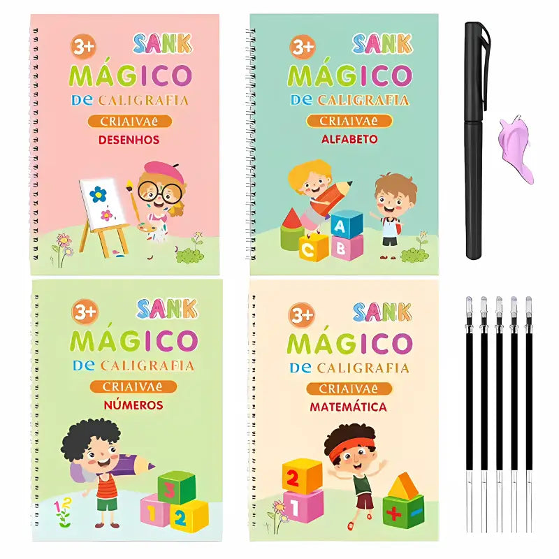 Conjunto de quatro livros didáticos coloridos para crianças com ferramentas de escrita.