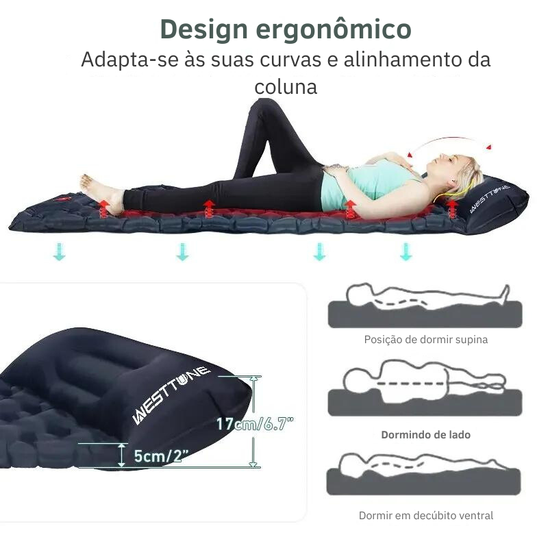 Tapete de dormir inflável ergonômico projetado para apoiar o alinhamento adequado da coluna vertebral em diferentes posições de dormir.