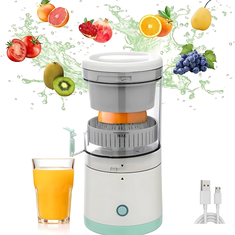 Juicer elétrico com recipiente transparente e base branca e verde menta.