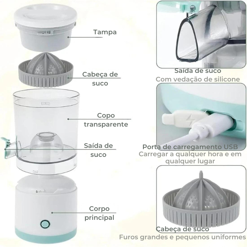 Espremedor de sucos elétrico portátil com componentes e recursos identificados.