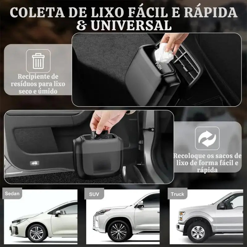 Lixeira para carro projetada para coleta de lixo fácil e universal em veículos.