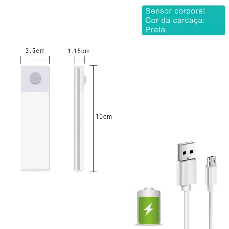 Dispositivo eletrônico fino e retangular com dimensões e cabo de carregamento exibidos.