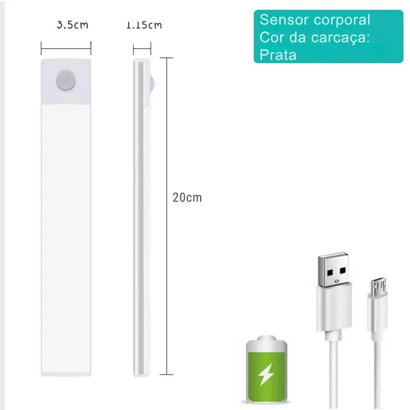 Dispositivo branco fino e alongado com dimensões rotuladas e um sensor indicado em uma extremidade.