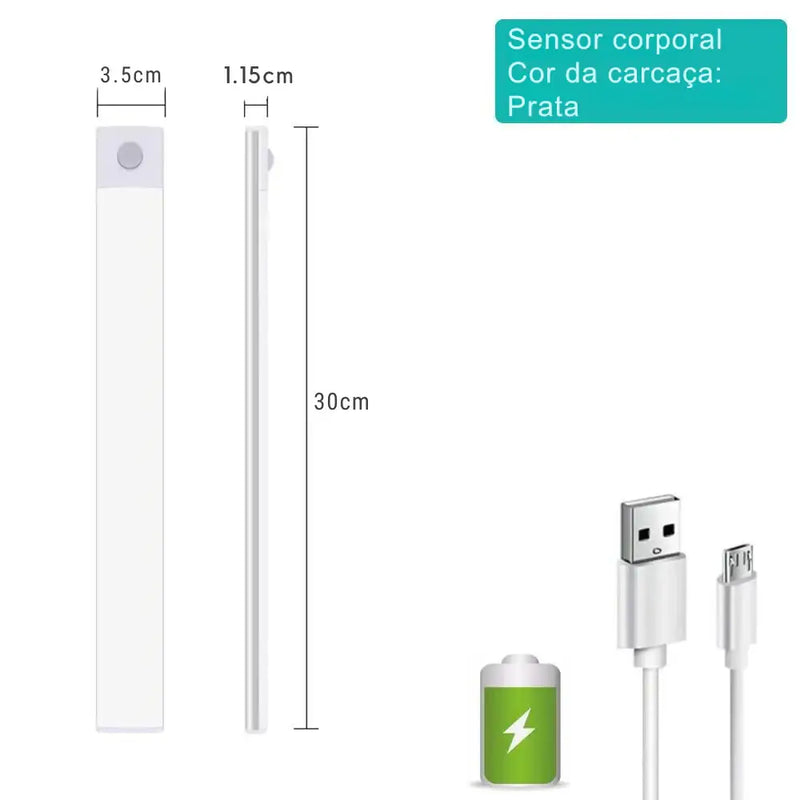 Dispositivo eletrônico branco, fino e alongado, com dimensões rotuladas.