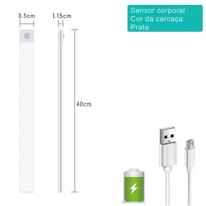 Dispositivo sensor fino e alongado com medições, cabo USB e ícone de bateria que o acompanha.