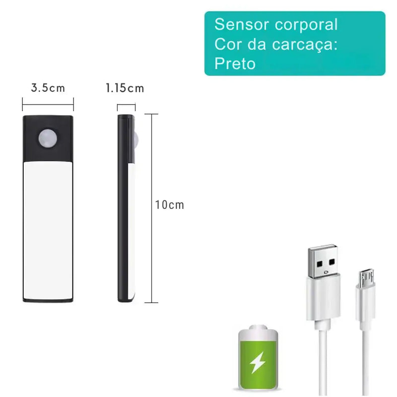 Dispositivo eletrônico fino em preto e branco com um sensor circular na parte superior.