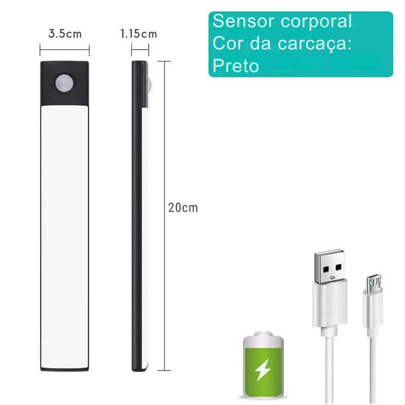 Dispositivo fino e retangular com dimensões rotuladas e um pequeno sensor circular na parte superior.