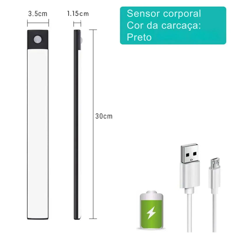 Dispositivo preto fino e alongado com dimensões identificadas, provavelmente um sensor ou componente eletrônico.