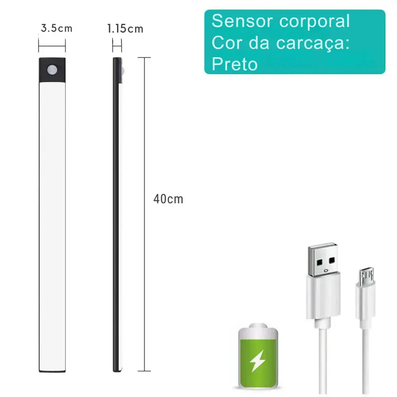 Dispositivo eletrônico fino e alongado com dimensões de 40 cm de comprimento e 1,15 cm de largura.