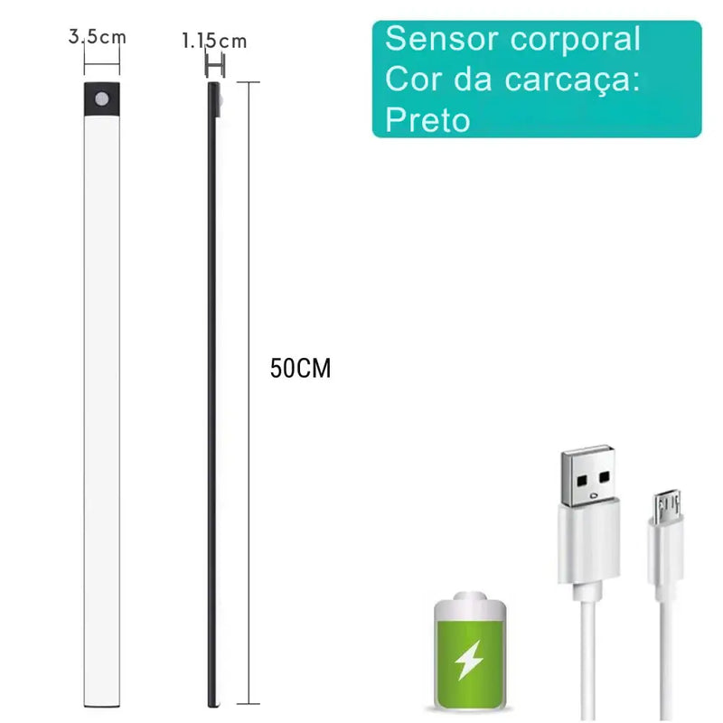 Dispositivo sensor preto fino e alongado, medindo 50 cm de comprimento.