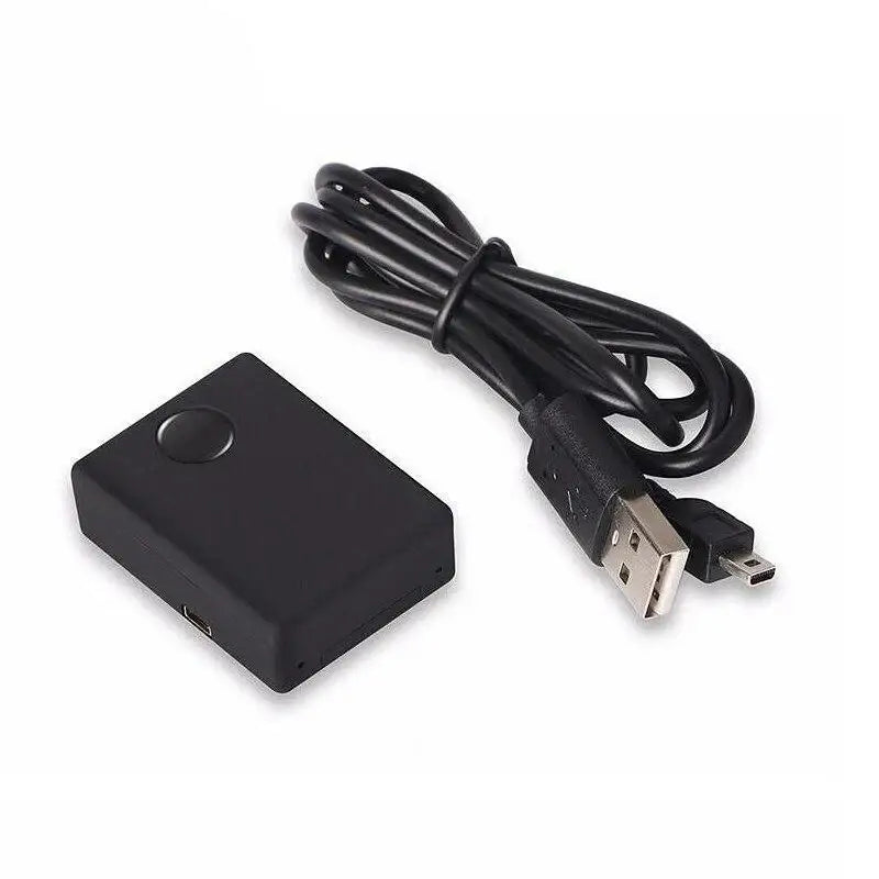 Dispositivo eletrônico retangular preto com um cabo USB.