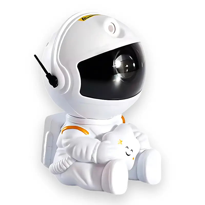 Estatueta de astronauta em estilo de desenho animado segurando um pequeno brinquedo de pelúcia branco.