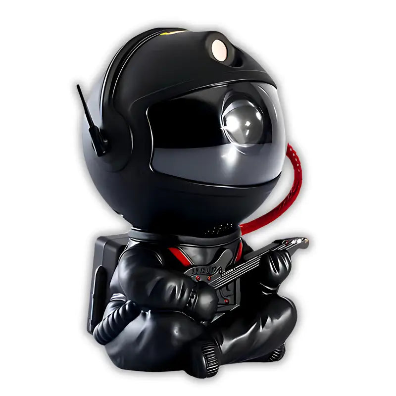 Figura de robô preto em estilo de desenho animado tocando uma guitarra elétrica.