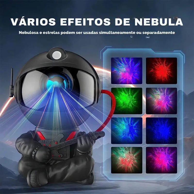 Dispositivo projetor de aparência futurista com o formato de um astronauta de desenho animado com um capacete esférico que emite feixes de luz coloridos.