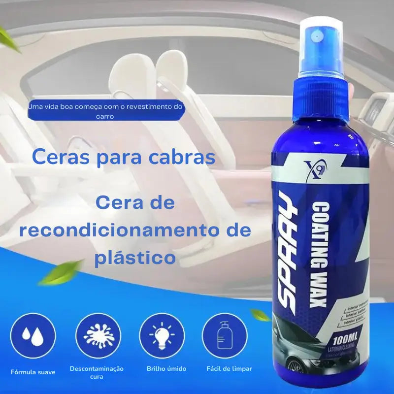 Frasco de spray azul de cera de revestimento para recondicionamento de plástico.