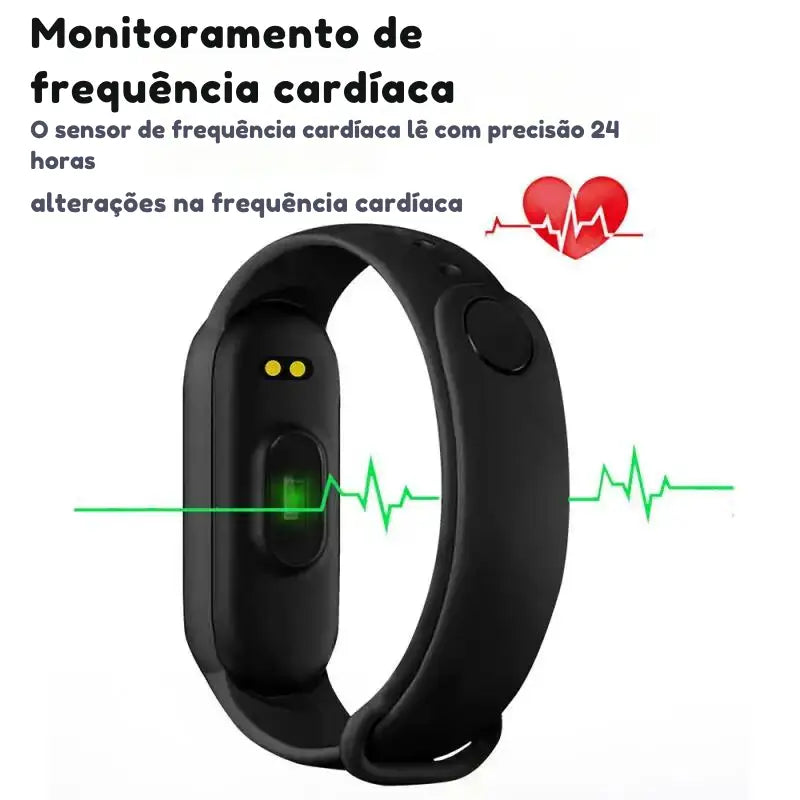 Pulseira rastreadora de condicionamento físico com recursos de monitoramento de frequência cardíaca.