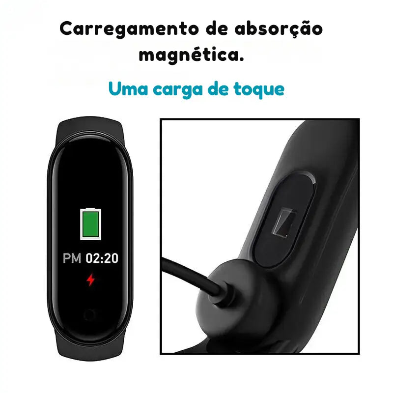 Rastreador de condicionamento físico ou pulseira inteligente com um mecanismo de carregamento magnético.