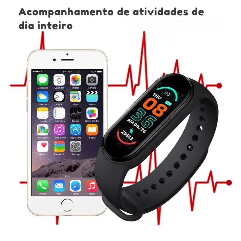 Smartwatch com rastreador de condicionamento físico exibido ao lado de um smartphone com ícones de aplicativos visíveis.