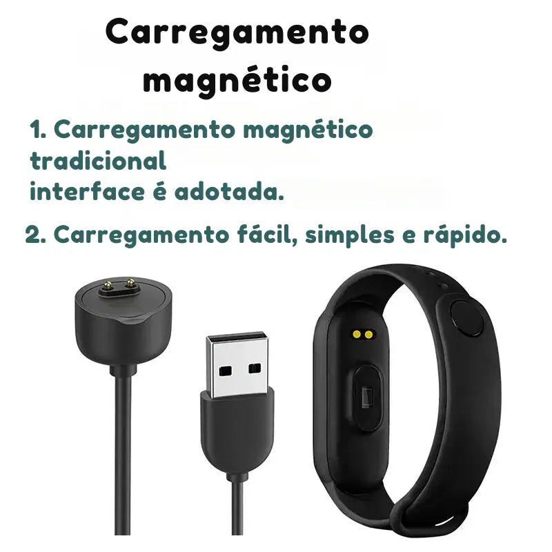 Rastreador de condicionamento físico ou smart band com um cabo de carregamento magnético.