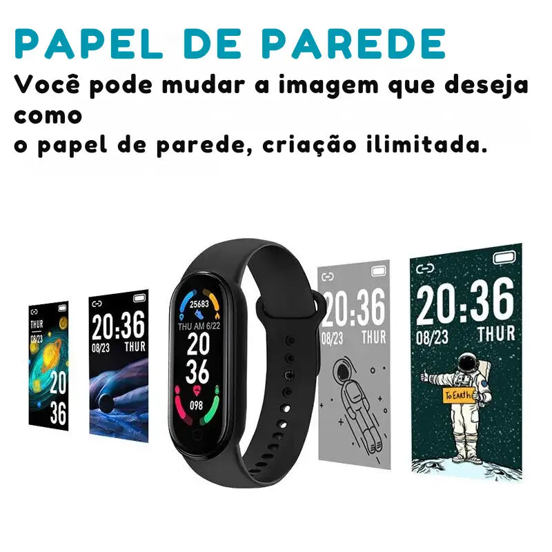 Rastreador de fitness inteligente ou smartwatch com opções de tela personalizáveis.