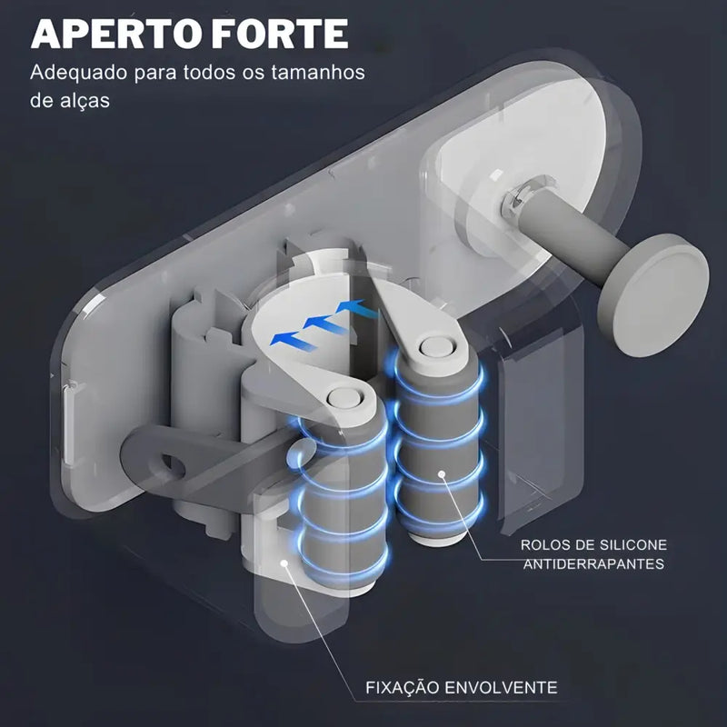 Mecanismo de dobradiça da porta com roletes de silicone e fixação de aderência forte.