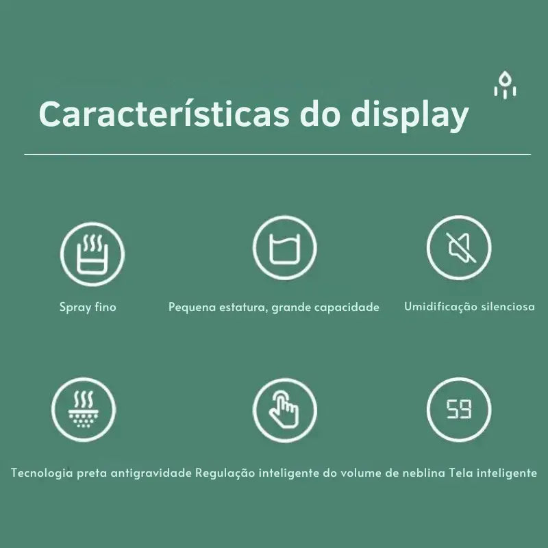 Infográfico mostrando seis características de um dispositivo de exibição usando ícones e texto em português.